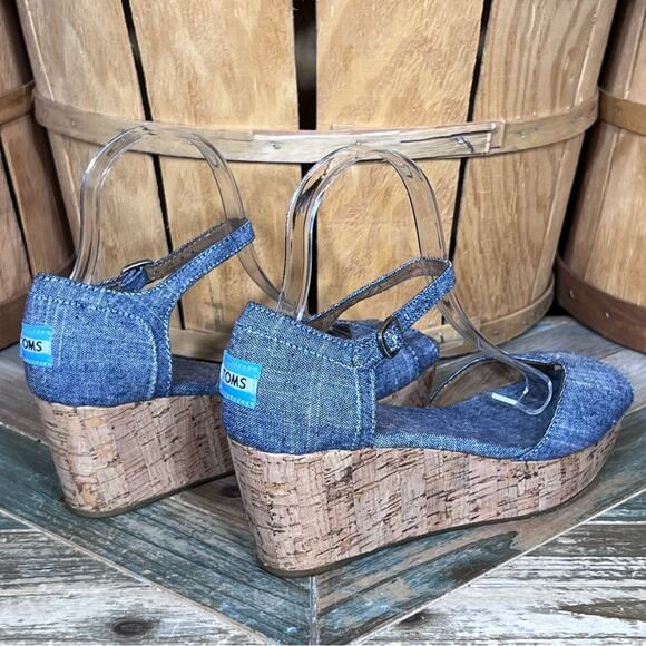 Toms Chambray Blue Platform Adjustable Cork Wedge Sandals Womens Size 7.5 - Picture 5 of 12